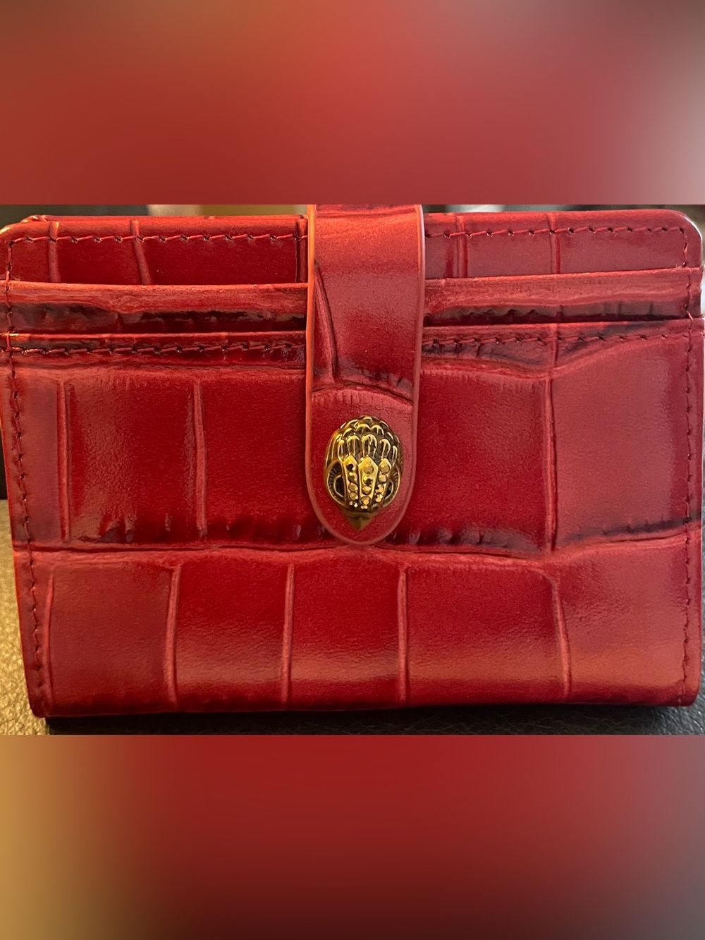 Burgundy Kurt Geiger Croc-Embossed Leather Card Holder with Gold Lion Snap
